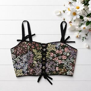 SHEIN Black Floral Lace-Up Corset Crop Top tapestry style